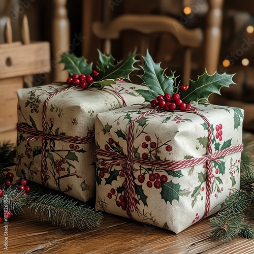 Hand-wrapped gifts in reusable cloth, accented with holly and red berries photo