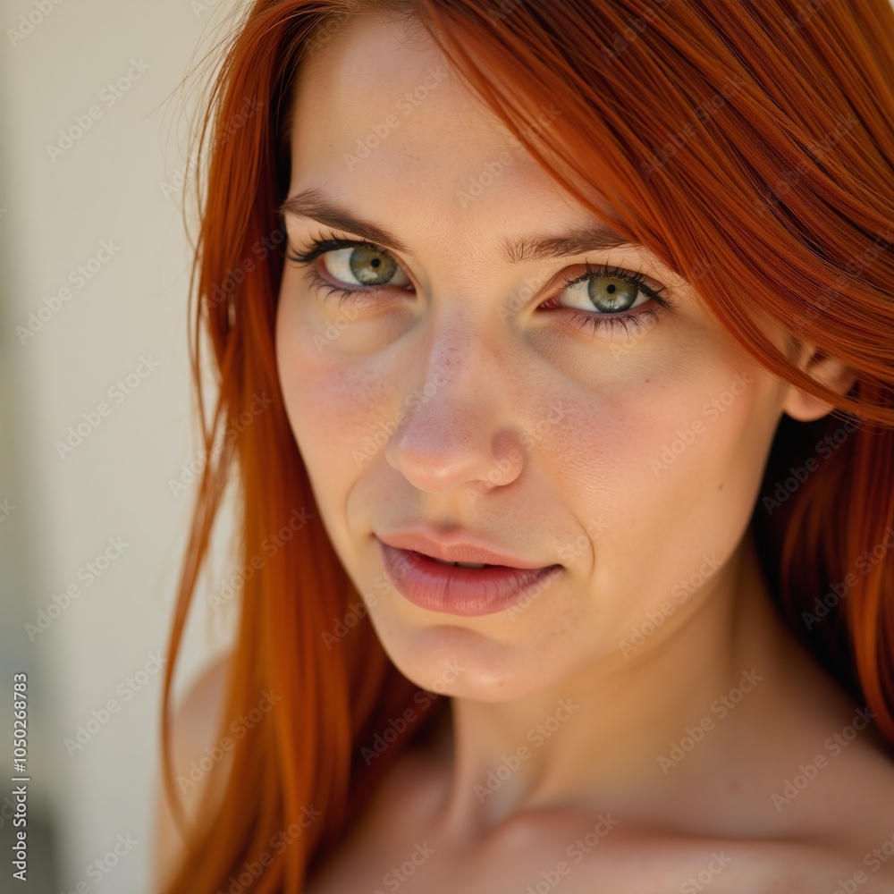 Portrait featuring a woman with striking vibrant red hair and mesmerizing green eyes Portrait featuring a woman with striking vibrant red hair and mesmerizing green eyes
