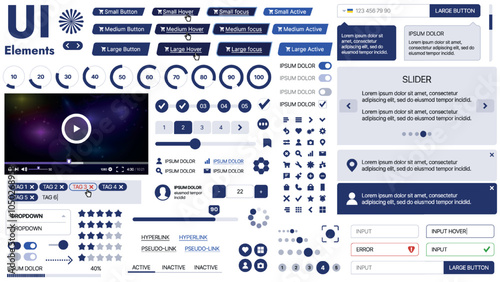 A clean and responsive template with UI elements, menu, icons, and checkboxes; ideal for a business or social media page. Horizontal layout with simple shapes