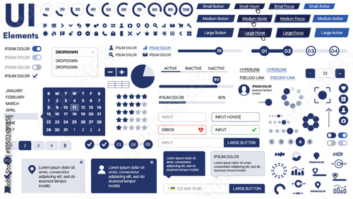 A clean and responsive template with UI elements, menu, icons, and checkboxes; ideal for a business or social media page. Horizontal layout with simple shapes