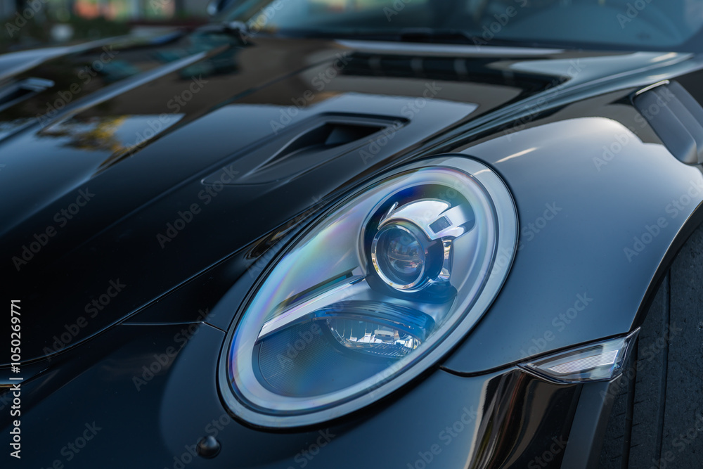 Fototapeta premium Close-up of a sleek car's LED headlight with colorful reflections on a glossy black hood.