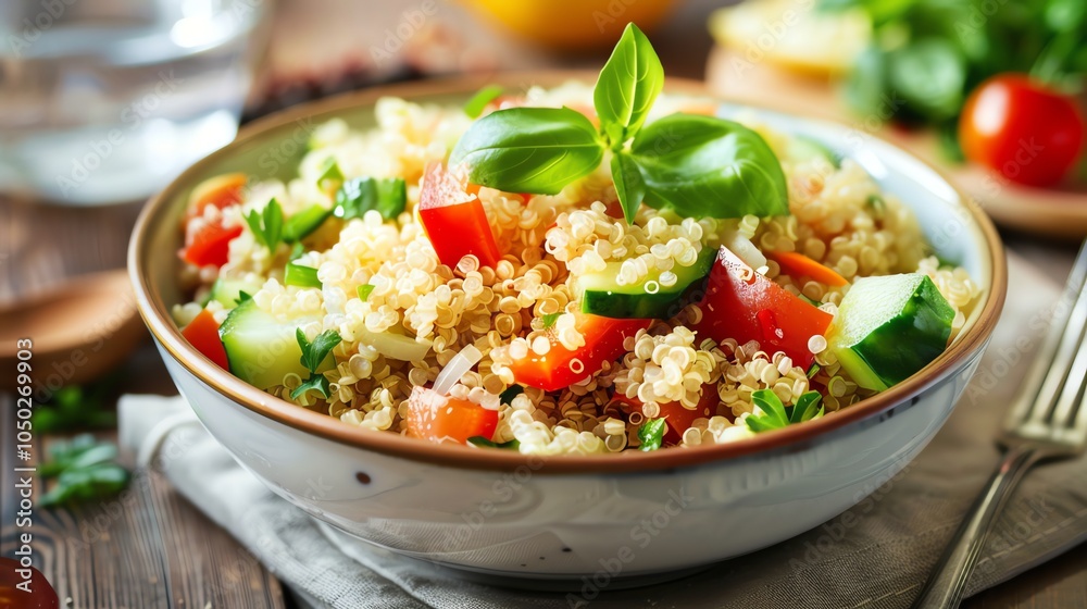 A bowl of quinoa salad with vegetables. A bowl of quinoa salad with vegetables.