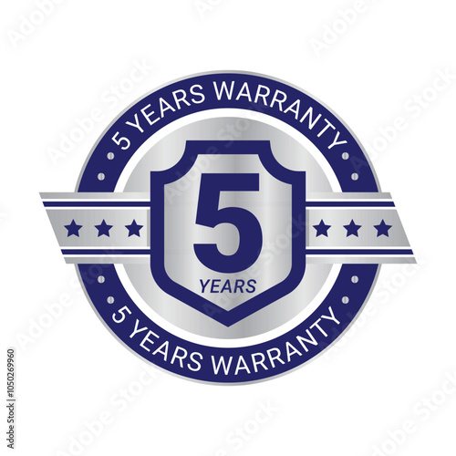 5-year warranty Premium shield label icon badge design. Blue with silver color. Vector Round Shape