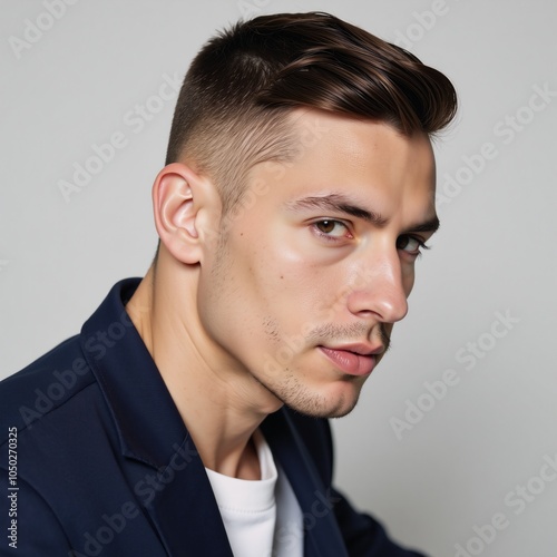 Close-up portrait of a man with an emphasis on his face showcasing a prominent jawline and defined features suggestive of a masculine gay individual photo