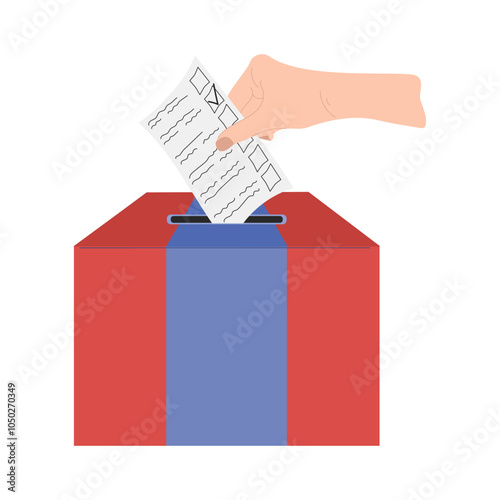 Hand is holding ballot and throwing it into the red and blue box. Every vote matters. Elections concept in USA 2024. Candidates agitation campaign. democracy, political banner. Hand drawn vector flat