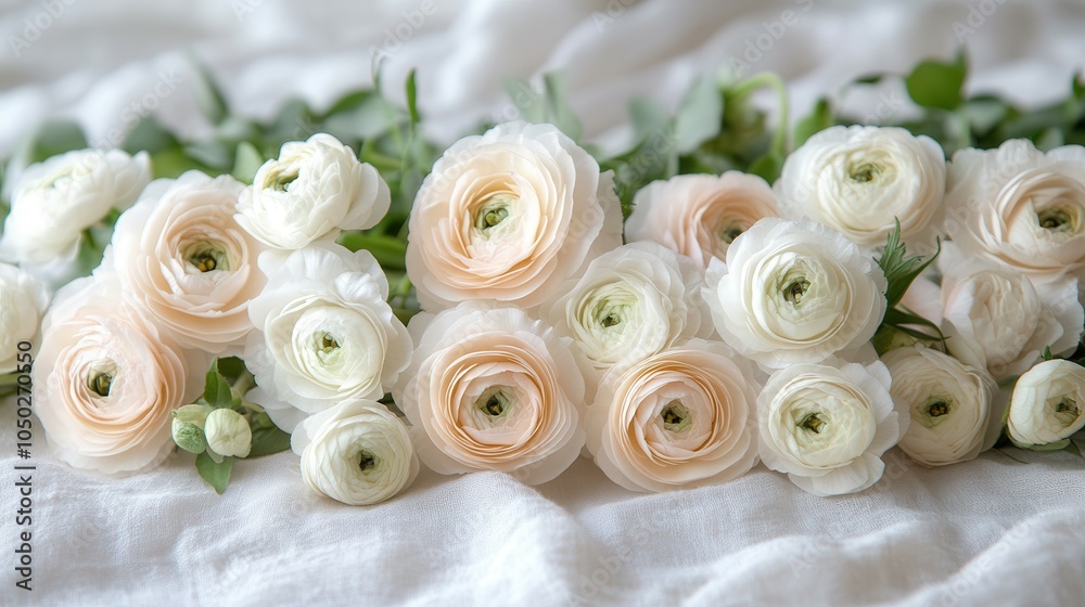 Obraz premium A beautiful arrangement of ranunculus flowers in shades of white and soft peach is artfully displayed on a white, textured fabric. The intricate layers of petals create a charming, romantic aesthetic 