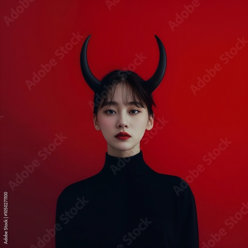 A girl is wearing a black turtleneck and black horns, standing against a vibrant red background.