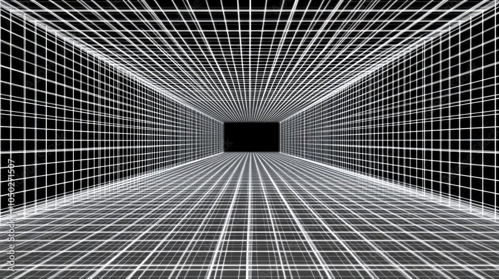 Obraz premium Abstract, futuristic wireframe grid, glowing softly against a dark background, evoking technological themes.