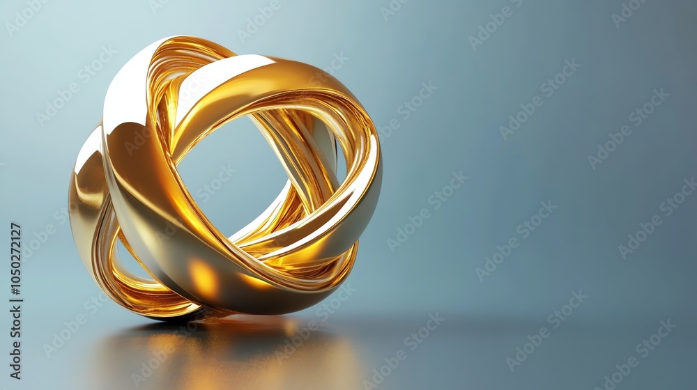 A shiny golden abstract shape against a blue background. A shiny golden abstract shape against a blue background.