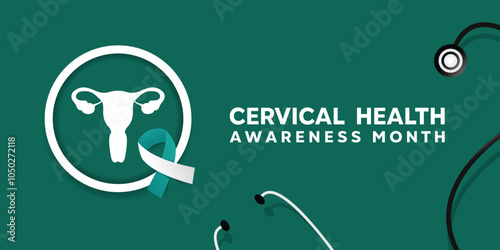 Cervical Health Awareness Month. Vagina, ribbon and  stesthoscope. Great for cards, banners, posters, social media and more. Green background. 
