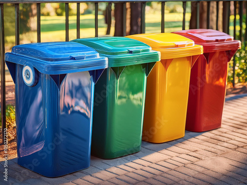 Basureros ecológicos organizados para reciclar y cuidar el medio ambiente. photo