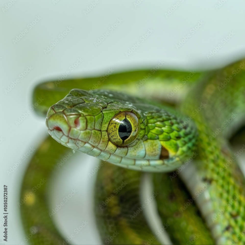 slender Green Vine Snake showcases vivid green coloration emphasizing unique features and elegance while resting on a clean white background perfectly highlighted by soft lighting. slender Green Vine Snake showcases vivid green coloration emphasizing unique features and elegance while resting on a clean white background perfectly highlighted by soft lighting.