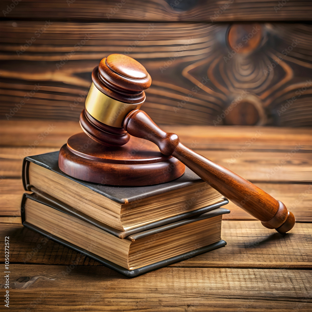 Wooden gavel and books on wooden table Wooden gavel and books on wooden table