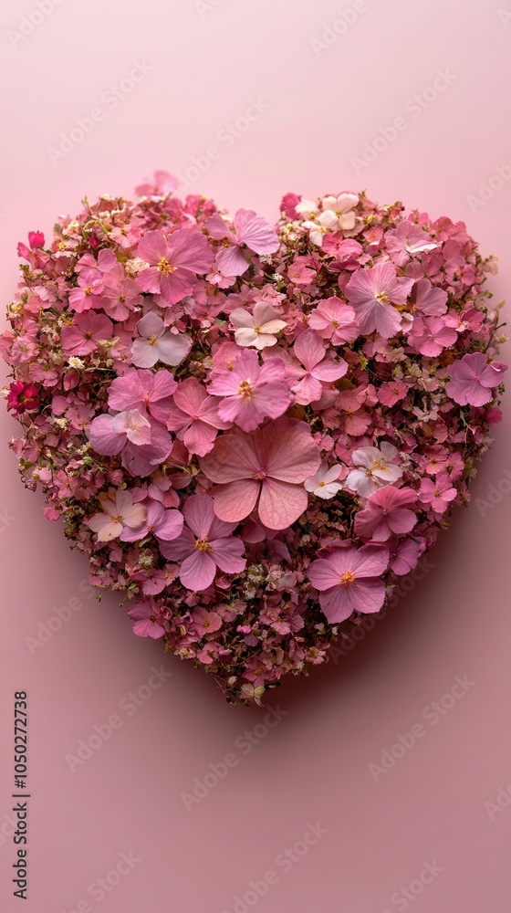 Obraz premium A beautiful heart-shaped collection of pink flowers sits against a soft pastel background. The delicate petals create a striking visual effect, perfect for celebrations, romantic gestures, or nature-t