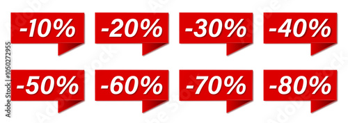 A set of red discount labels -10%, -20%, -30%, -40%, -50%, -60%, -70%, -80%. Vector icon on transparent background