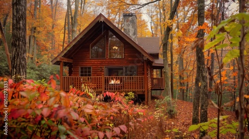 A cozy cabin nestled among autumn foliage with a crackling fireplace, Nature setting with cabin coziness, Cozy style