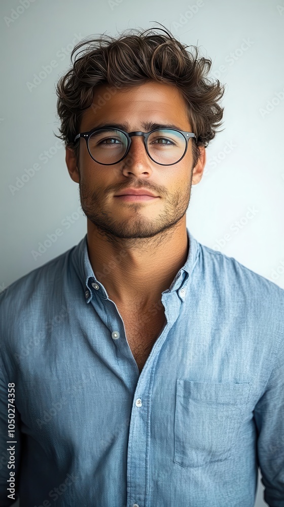 portrait of a handsome young brunette man wearing eyeglasses and a blue shirt exuding confidence and style against a pure white background perfect for promoting eyewear fashion or personal branding portrait of a handsome young brunette man wearing eyeglasses and a blue shirt exuding confidence and style against a pure white background perfect for promoting eyewear fashion or personal branding