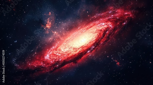 A stunning red galaxy with swirling arms of stars and dust, glowing in deep crimson hues against the dark backdrop of the universe