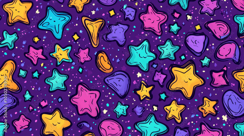 Naklejka premium A seamless star pattern design, perfect for backgrounds, wallpapers, textile prints, and blankets. Featuring playful, scattered stars in varying sizes, this design is versatile for both kids’ decor 