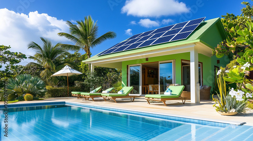 Green house with solar panels on the roof, swimming pool nearby 