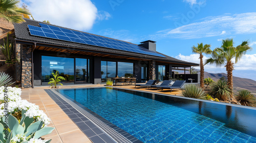 Summer villa with swimming pool, solar panels on the roof