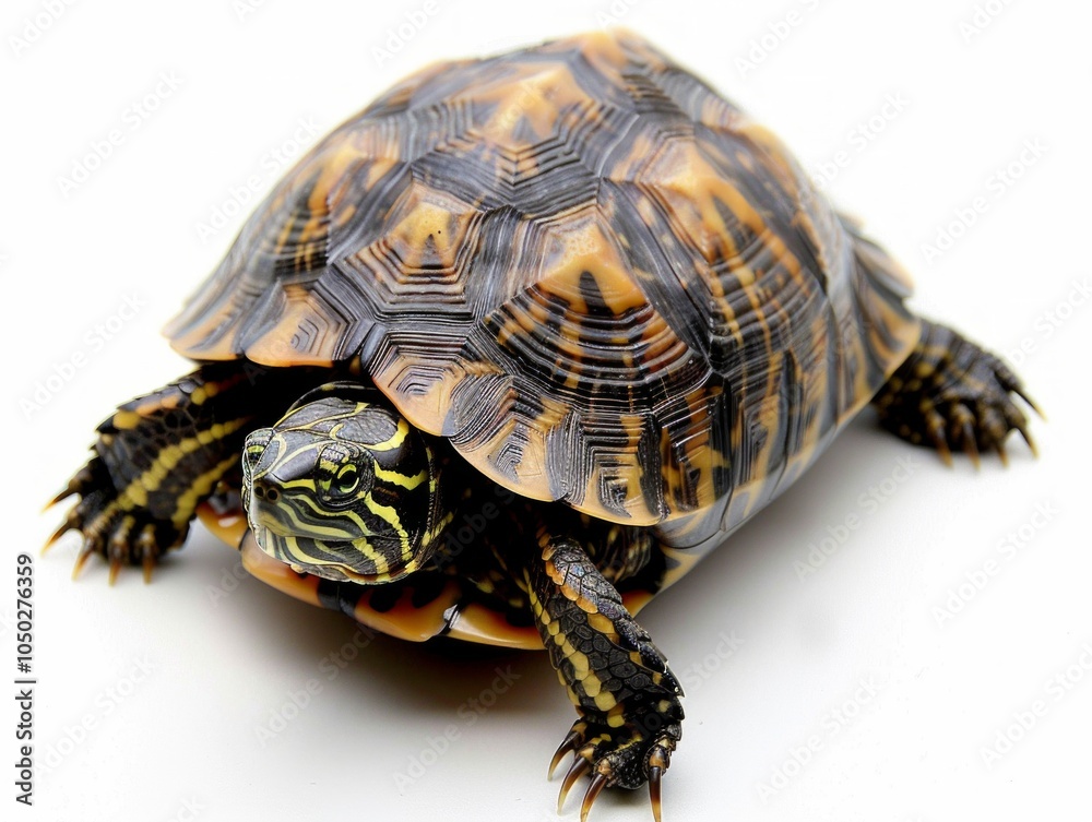 Fototapeta premium Keeled Box Turtle remains stationary with its unique raised shell prominently displayed. The soft shadows enhance the turtles vibrant markings against a white backdrop.