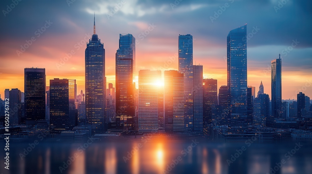 Fototapeta premium As the sun sets behind a bustling city, the skyline is illuminated in warm golden tones. Skyscrapers rise majestically against a colorful sky, creating a stunning backdrop for an urban evening.