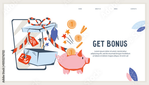 Bonus and reward concept of clients loyalty savings program. Concept Bonus and get cashback for purchase concept for website, flat vector illustration isolated on white background.