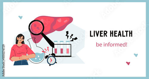 Liver health website banner design. Liver diseases diagnosis, symptoms, and treatment options for hepatic cancer, flat vector illustration for web banner on medical topic.