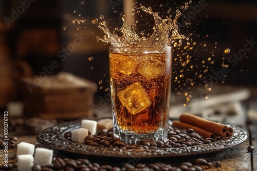 A glass filled with a refreshing brown beverage splashes as an ice cube falls in, creating droplets. Surrounding the glass are coffee beans, sugar cubes, and a cinnamon stick, evoking a warm, inviting photo