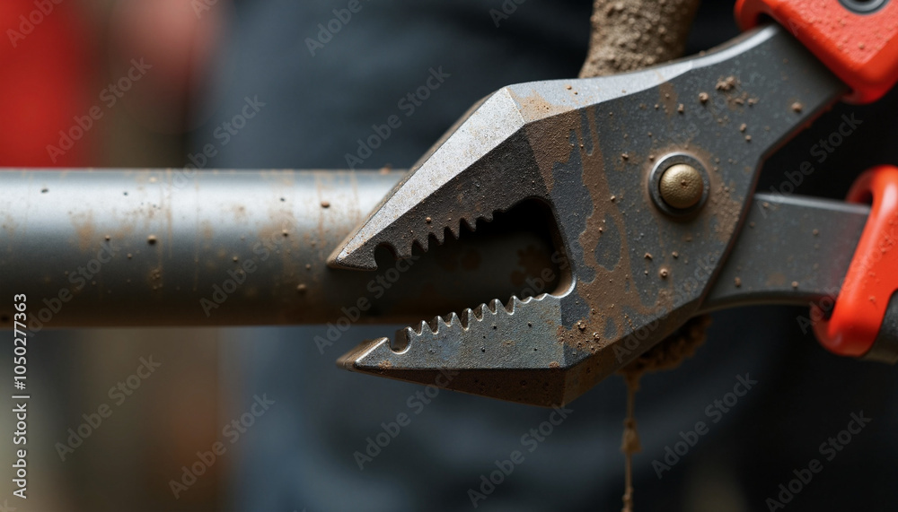 Large rusted pliers holding metal pipe in industrial setting Large rusted pliers holding metal pipe in industrial setting