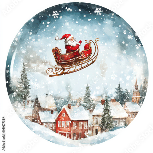 Santa Claus flies in sleigh over snow covered town, magical winter scene