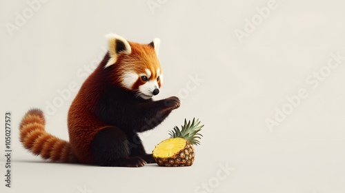 A wide side view of a red panda sitting near a slice of pineapple, its tail wrapped around its body, plain background, 4K resolution photo