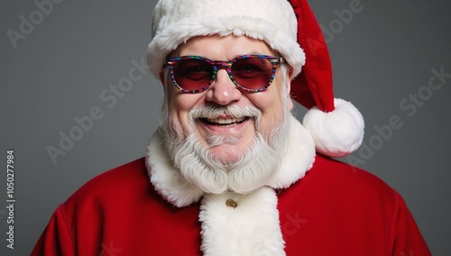 Portrait of a cheerful rainbow-spectacled Gay Santa in holiday attire Red HatCoat
