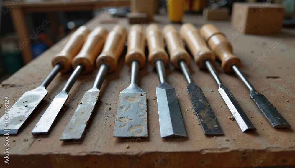 Row of wood chisels with wooden handles on dusty workbench Row of wood chisels with wooden handles on dusty workbench