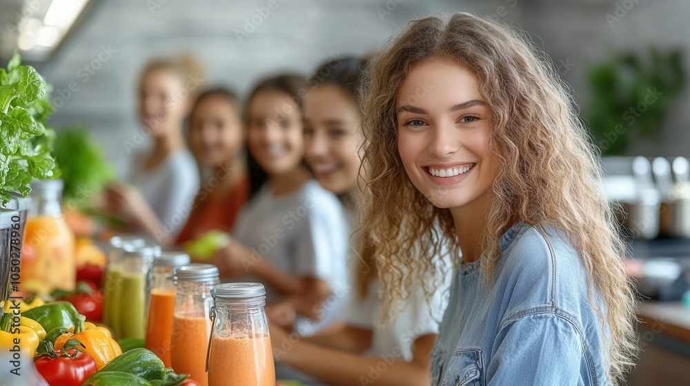 A young woman with curly hair smiles brightly at a juice bar, surrounded by friends engaged in preparing fresh vegetable and fruit drinks. Colorful fruits and vegetables are artistically arranged on t A young woman with curly hair smiles brightly at a juice bar, surrounded by friends engaged in preparing fresh vegetable and fruit drinks. Colorful fruits and vegetables are artistically arranged on t
