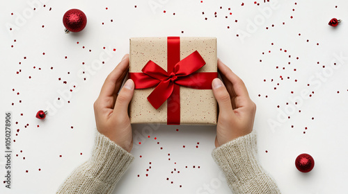 Hands holding a gift box with a red ribbon, and red sparkling confetti on a white background photo