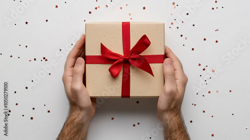 Hands holding a gift box with a red ribbon, and red sparkling confetti on a white background photo