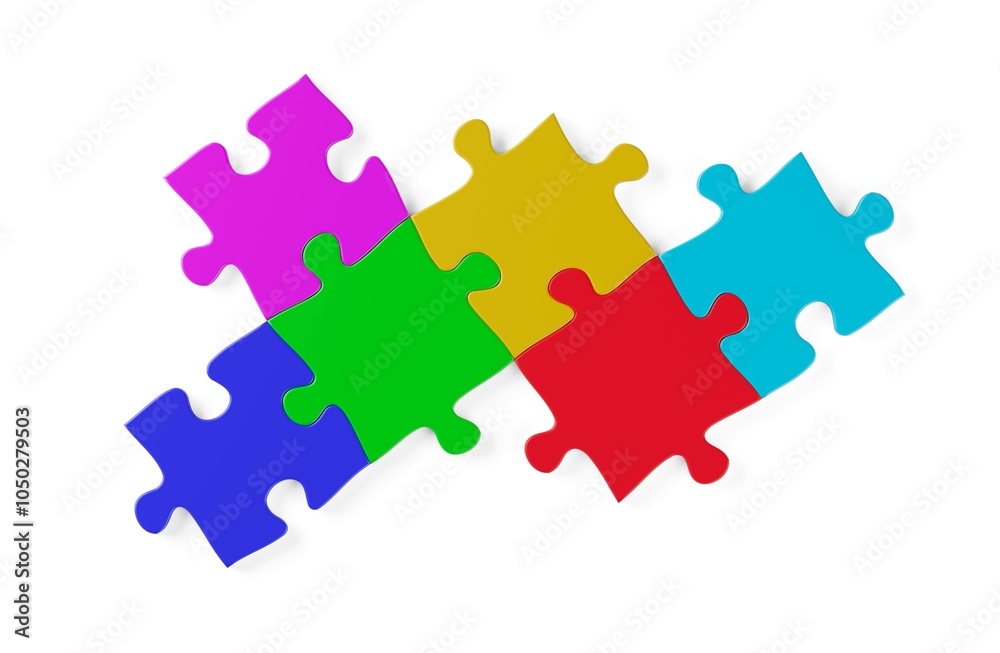 Multi colored jigsaw puzzle pieces in white background, brainstorming, software module or business teamwork concept, flat lay top view from above Multi colored jigsaw puzzle pieces in white background, brainstorming, software module or business teamwork concept, flat lay top view from above