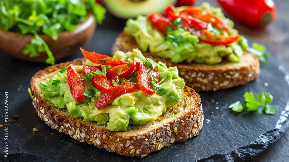A close-up of avocado toast topped with red pepper slices and fresh herbs. A close-up of avocado toast topped with red pepper slices and fresh herbs.
