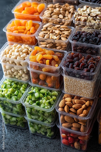 A vibrant display of various dried fruits and nuts organized neatly in transparent containers. The selection includes apricots, almonds, and seeds, showcasing their appealing colors and textures in an