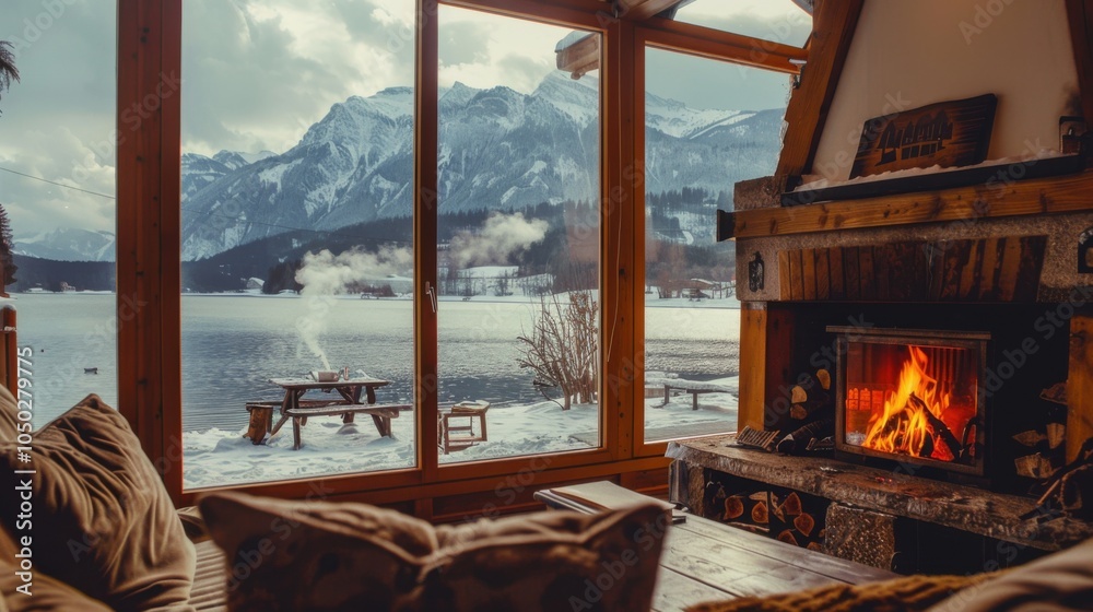 A cozy lakeside cabin with a crackling fireplace and snowy mountains, Alpine setting with winter retreat, Cozy style A cozy lakeside cabin with a crackling fireplace and snowy mountains, Alpine setting with winter retreat, Cozy style