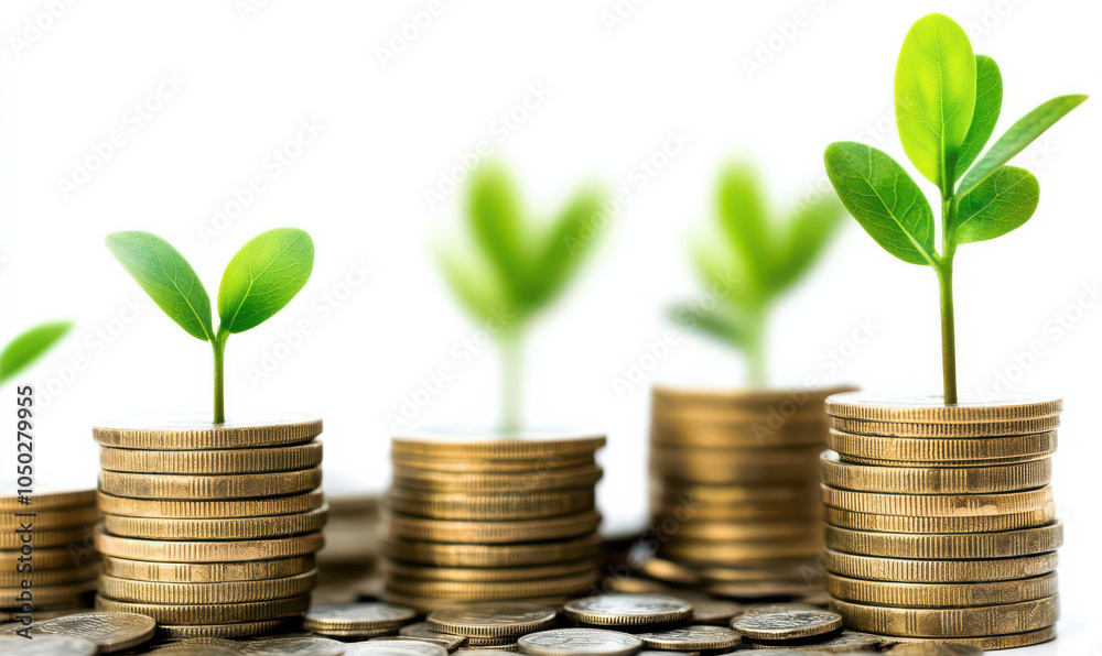 Growth and prosperity are symbolized by image of coins stacked with green plants growing on top Growth and prosperity are symbolized by image of coins stacked with green plants growing on top