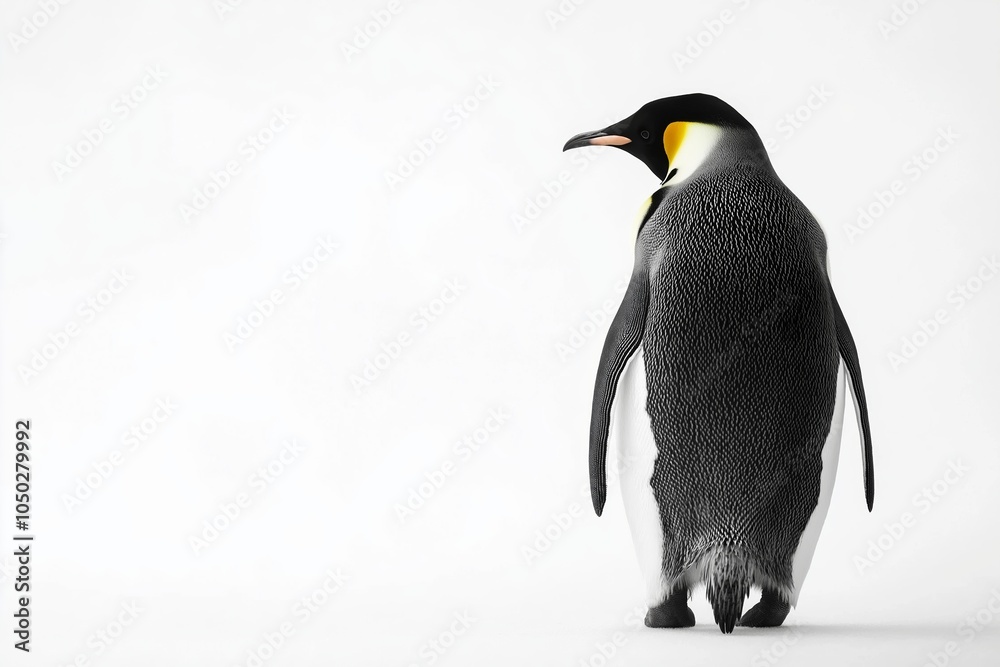 Naklejka premium Majestic emperor penguin standing alone on snowy white background. Penguin Awareness Day