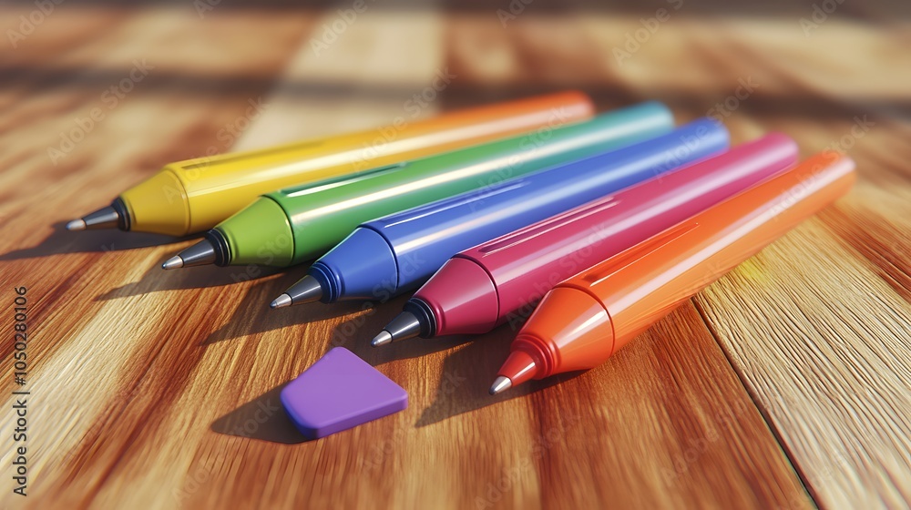 Fototapeta premium A front-angle close-up of a set of colored pens and an eraser, on a clean wooden table, plain background, 4K resolution