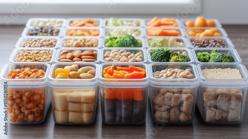 A variety of meal prep containers filled with vibrant vegetables, nuts, grains, and snacks are neatly arranged on a kitchen counter. This setup promotes healthy eating and organization for balanced me photo