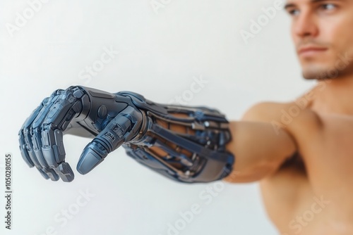 A man extends his arm to highlight a modern bionic prosthetic. This advanced technology showcases intricate mechanical details, emphasizing the blend of human and machine in a well lit indoor environm