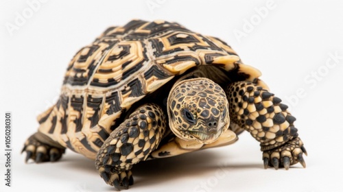 Leopard Tortoise stands proudly with its intricately patterned shell on a stark white background highlighting its beautiful natural design and details. photo