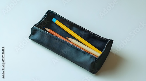 A side-angle shot of a simple pencil case open with just a few essentials, plain background, minimal style, 4K resolution photo