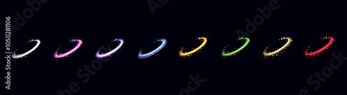 Glowing magic rings set. Neon realistic energy flare rings with sparkling particles. Abstract light effect on a dark background. Vector illustration.